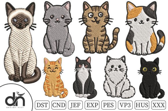 8 Cute Kawaii Cats Embroidery Bundle
