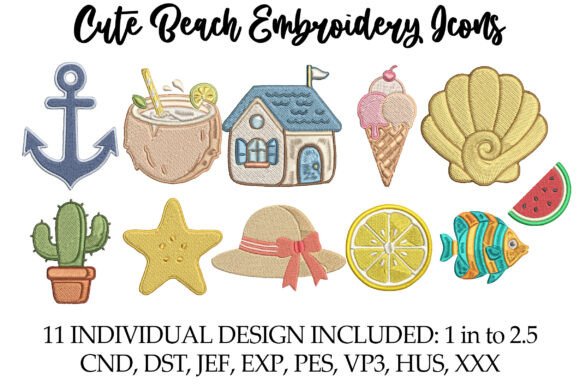 Cute Beach Embroidery Icons