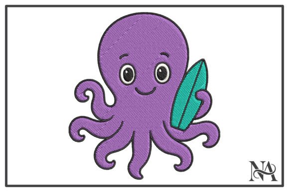 Cute Octopus Surfer Embroidery Design