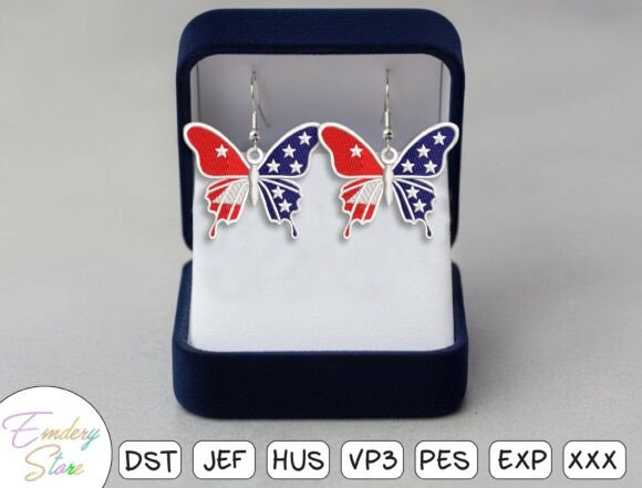 Patriotic Butterfly Earrings Embroidery